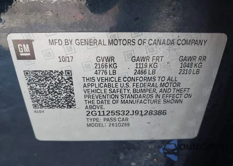 2018 Chevrolet Impala 2Lz из США, поврежденный, VIN 2G1125S32J9128386